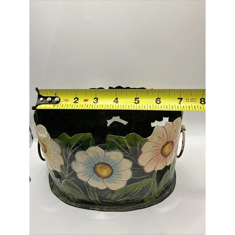 Vintage Painted‎ Black Metal Toleware Scalloped Floral Planter 7